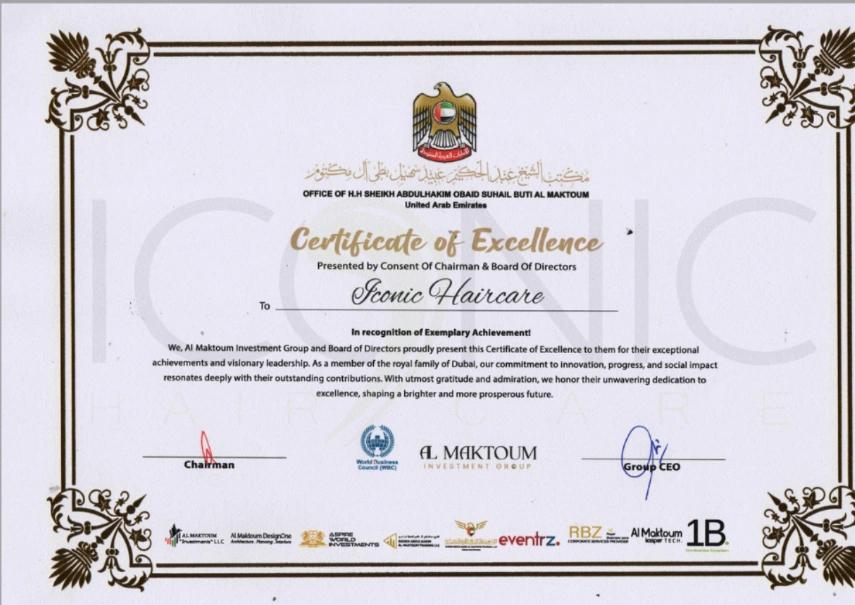 Certificate of Excellence presented to Iconic Hair Care